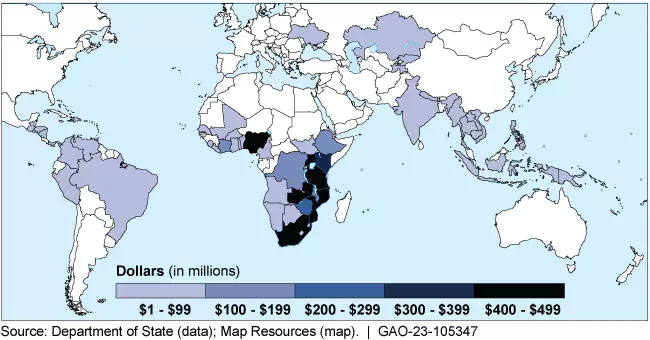 Global map showing countries that received funding through PEPFAR in FY 2022. 