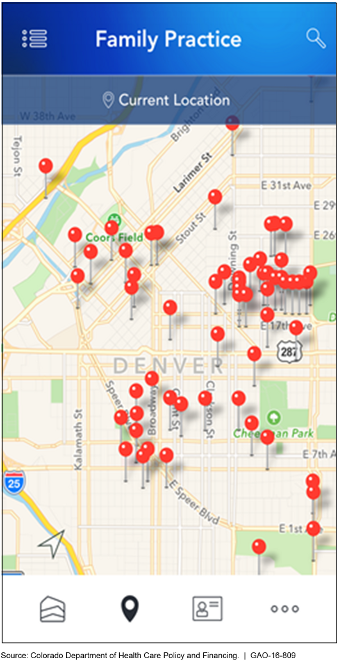 Screenshot of mobile app showing health care provider locations around Denver, Colorado