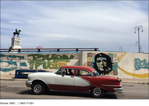 Photo of a 1950s style car on a road. Graffiti and monument in the background.