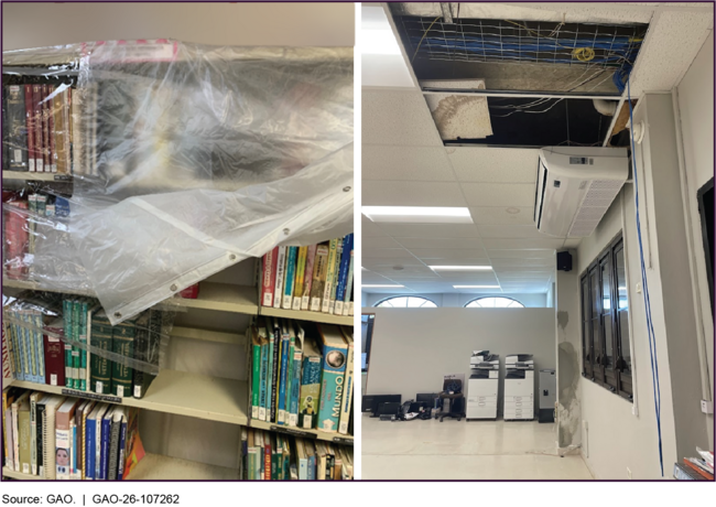 Shower Curtains Used Inside Library to Protect Books from Roof Leaks (left), and One of Several Damaged Air Conditioning Units (right)
