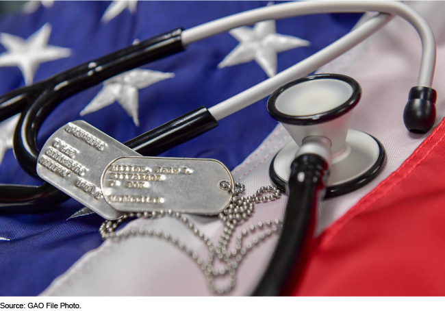 Military ID tags and a stethoscope on an American flag.  