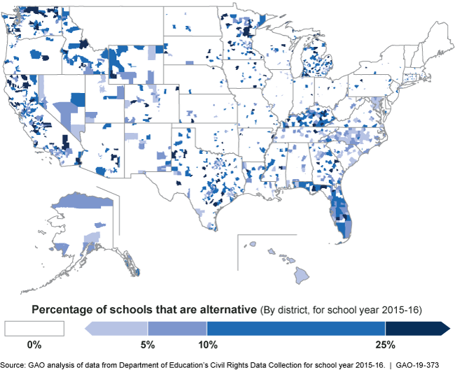 Map of United States showing concentrations of alternative schools in Florida, California, Kentucky, Washington and other states