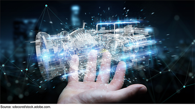 A hand extends away from the viewer toward a blurred city skyline. A 3-D rendering of an unknown device hovers in the air above the hand like a hologram.