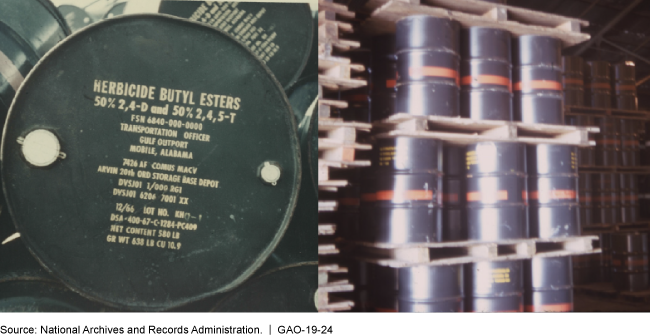 Photos show the top of a drum with transportation and contract data and orange-banded drums stacked on pallets for shipment by sea.