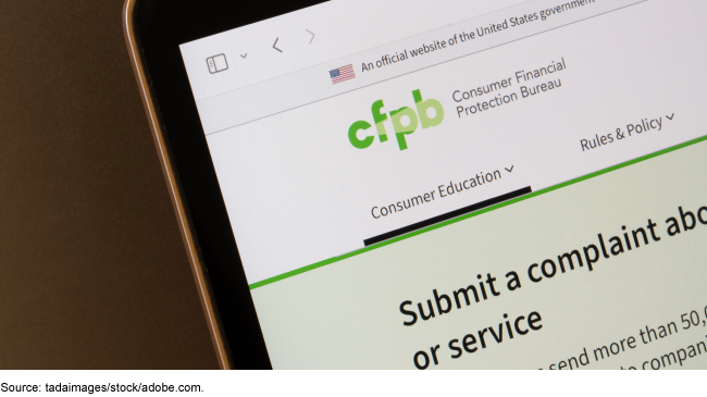 Consumer Financial Protection Bureau web page on a laptop screen, showing consumer education and complaints services. Consumer Financial Protection Bureau web page on a laptop screen, showing consumer education and complaints services.