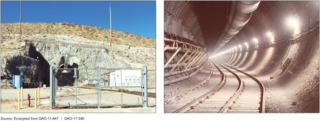 Photos of outside entrance and interior of main tunnel for proposed Yucca Mountain repository.