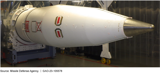 Photo showing a ground based interceptor (a white cone with a metallic point) in a facility in Alaska.