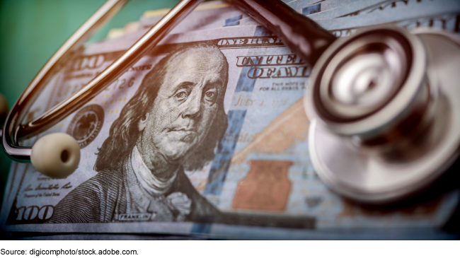 Illustration of a $100 bill with a stethoscope laying on it.