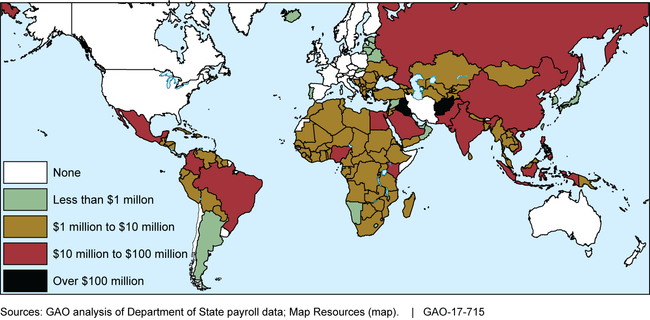 Map of global spending for hardship and danger pay for fiscal years 2011-2016.