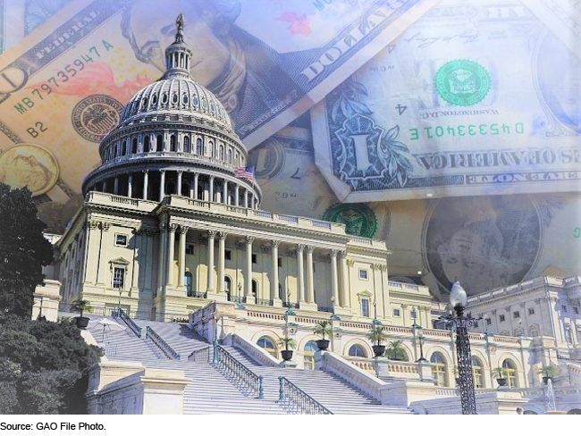 collage containing the Capitol and U.S. currency