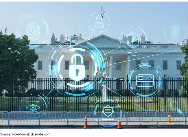 Photo of the White House with cyber locks illustrated on top of it.