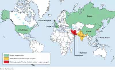 A map of countries with nuclear weapons, that have tested nuclear weapons, or are suspected of pursuing nuclear weapons.