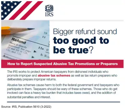 Screenshot of a IRS publication on abusive tax schemes titled "Too good to be true?"