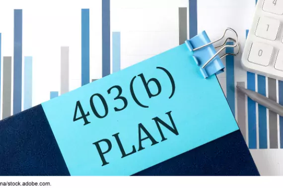 Illustration of a file folder marked &quot;403(b) Plan&quot; laying on top of spreadsheets, and a calculator.