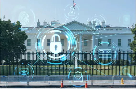 Photo of the White House with cyber locks illustrated on top of it.