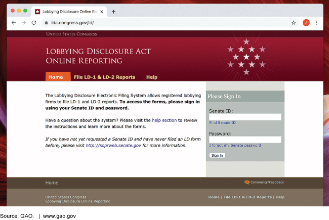 Screenshot of Lobbying Disclosure Act Online Reporting website page