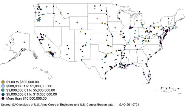 Geographic Distribution of Construction Funding at U.S. Army Corps of Engineers Water Resources Projects, Fiscal Years 2018 through 2023