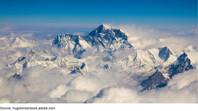 Snow-covered mountain caps surrounded by clouds