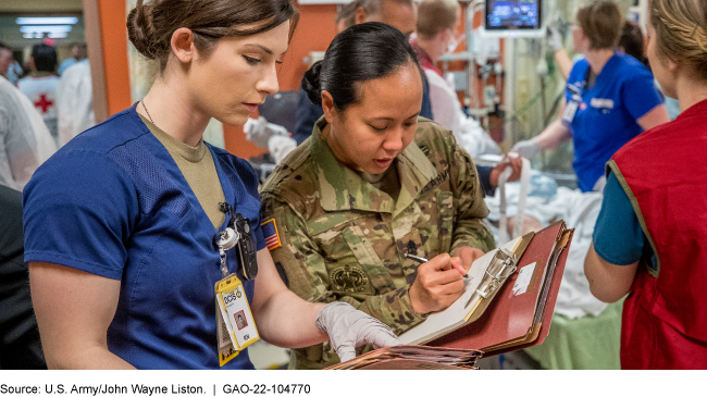 medical professional next to a uniformed service member conferring on a medical record