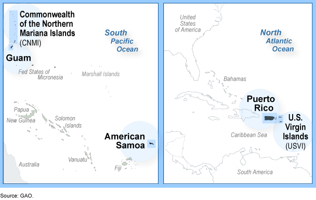Two maps, side-by-side. The left map shows American Samoa, Guam, and Northern Mariana Islands in the South Pacific. The right map shows Puerto Rico and U.S. Virgin Islands in the Caribbean Sea.