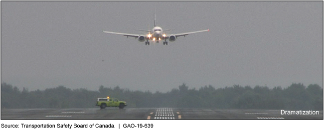 Plane approaching runway with truck on it