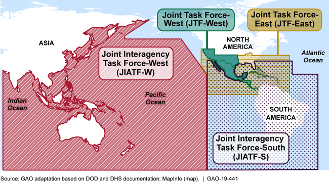 Map of the Areas of Responsibility for the Department of Defense (DOD) Joint Interagency Task Forces (JIATF) and the Department of Homeland Security (DHS) Joint Task Forces