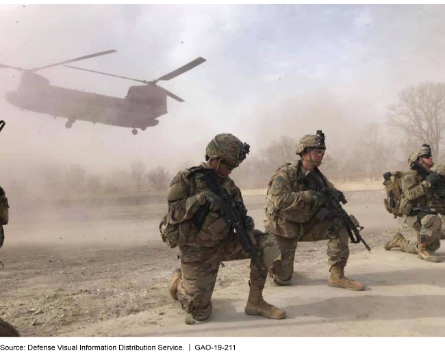 Photo of three soldiers kneeling and a helicopter in the background.
