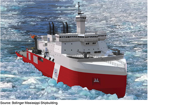 Red and white ship cutting through polar ice.