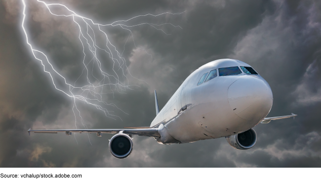 Airplane flying through a thunderstorm.