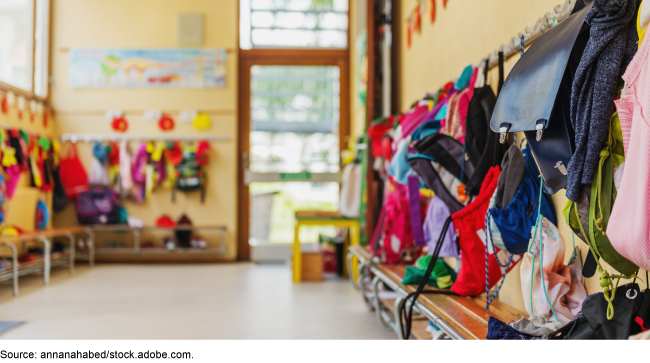 Backpacks hanging in a classroom