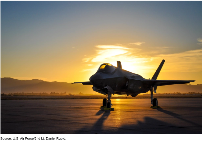 F-35 on a runway at sunset with mountains in the background