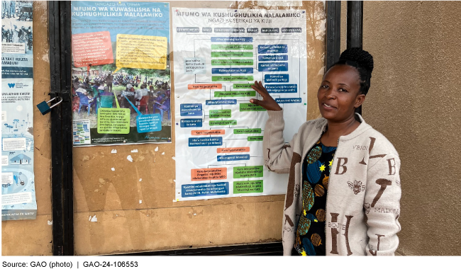 Woman standing next to bulletin board. 