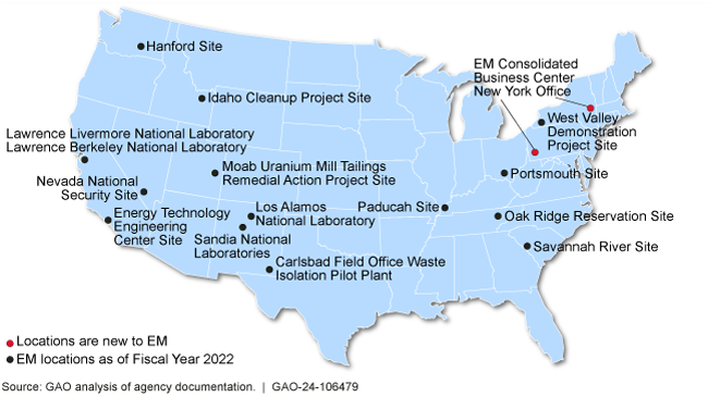 Map of United States with labelled locations where Office of Environmental Management’s Cleanup Efforts took place.