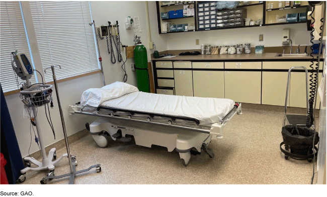 A photo showing an empty hospital bed and equipment in a room at a Coast Guard medical facility.