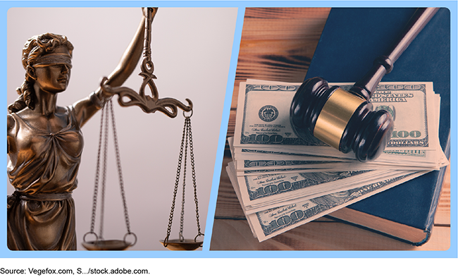 images of Lady Justice holding scales and a gavel on money and a book