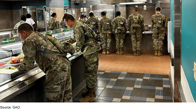 Two soldiers in fatigues getting food in a lunch line with others lined up in the background.