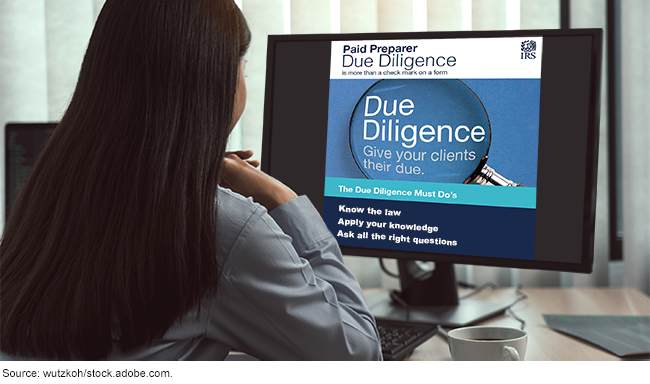 A person looking at IRS' Due Diligence information webpage on a computer.