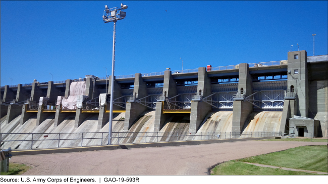 Picture of the Harlan County Dam in Nebraska when repairs were being made to the dam's Tainter gates.