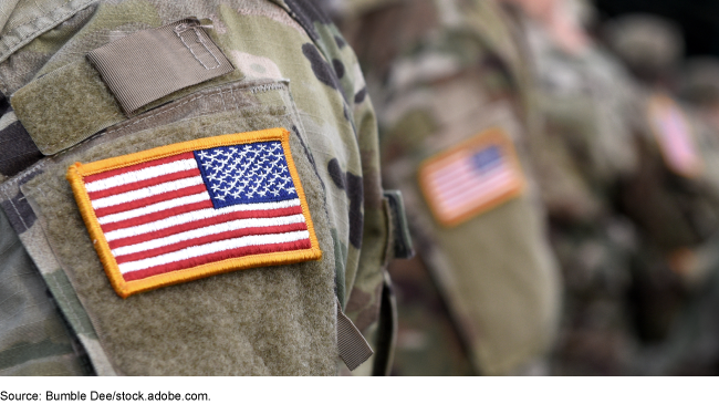 The sleeve of a green camouflage military uniform with a reverse facing U.S. flag patch.