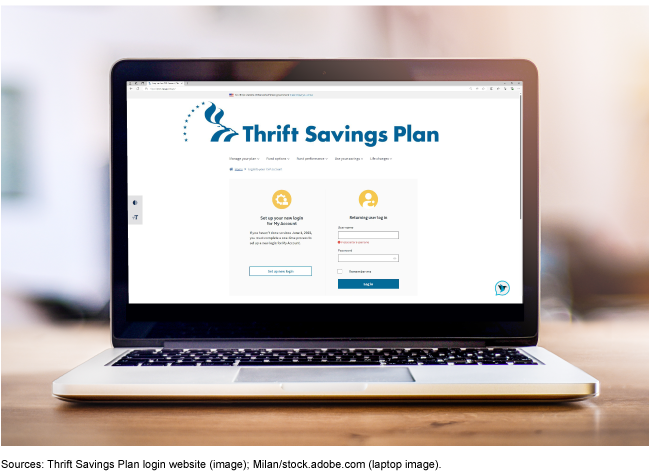 Computer with Thrift Savings Plan website on its screen.