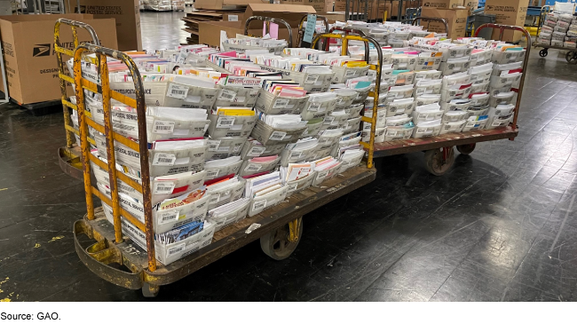 A picture of sorted U.S. mail inside a USPS facility.