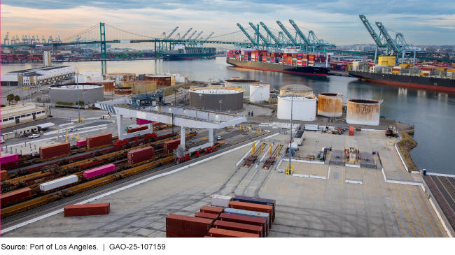 A U.S. Port with shipping containers and boats in the background