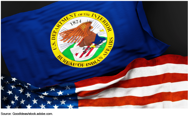 Picture of the Department of the Interior's Bureau of Indian Affairs flag and the American flag. Picture of the Department of the Interior's Bureau of Indian Affairs flag and the American flag.