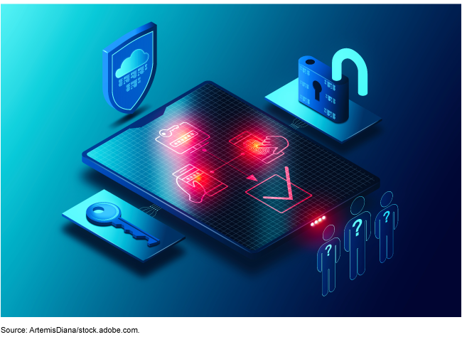 Illustration of a tablet and cyber-security-related graphics