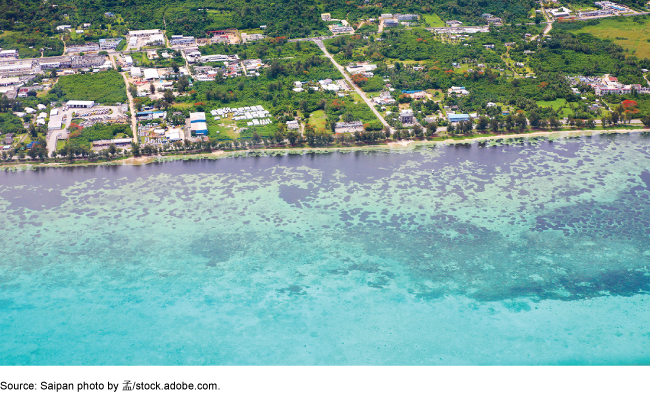 Photo showing the coast line of Saipan, in the Northern Mariana Islands.