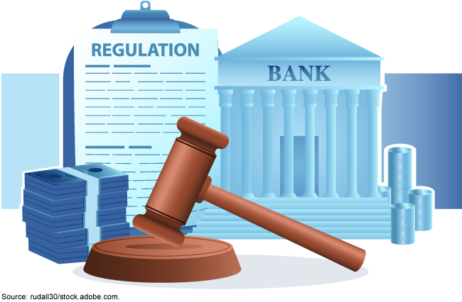 Illustration showing of a bank, stack of money, judge's gavel and a clipboard with a paper attached that says "REGULATION."