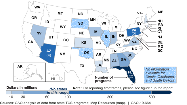 United States map showing the following states have programs: NV, AZ, KS, IA, LA, IN, AL, GA, PA, VA, and SC and no information for SD, IL, or OK.  