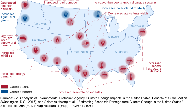 Map showing economic costs and benefits such as increased wildfires and decreased cold-related mortality