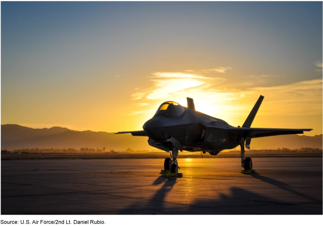 A military airplane on a jetway in front of a sunset over a mountain range