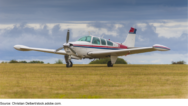 Airplane on an open field. 